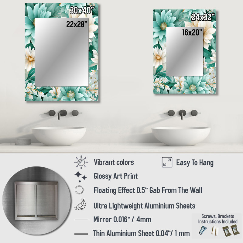 «Brazeal Bohemian Dream Emerald Dahlia» - grand miroir floral, miroir mural décoratif floral, impression d'art en métal