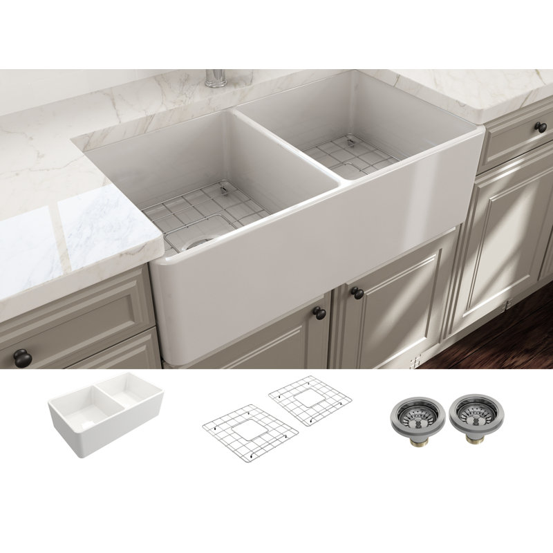 33'' L Farmhouse Double Basin Kitchen Sink, Glossy White