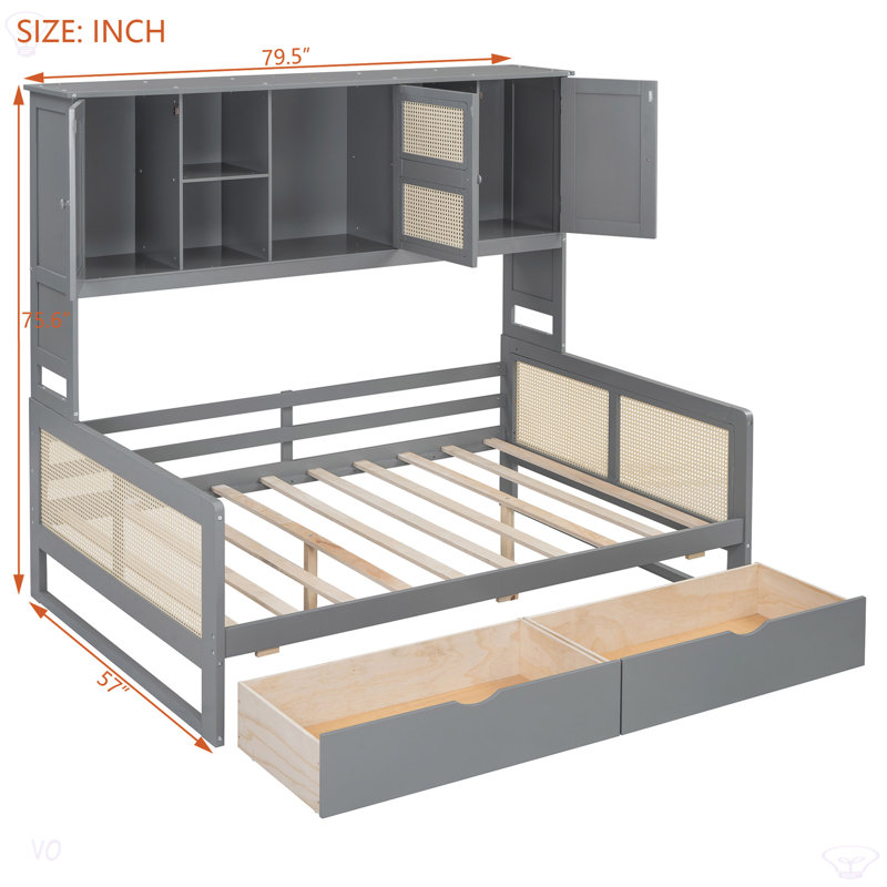 Wooden Daybed With 2 Drawers, And All-In-One Cabinet And Shelf, Grey, Full / Double