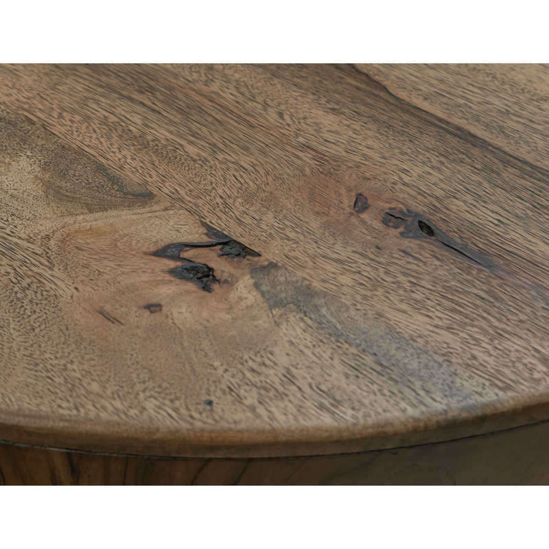 Eray Side End Table, 26 Inch Round Drum Top, Brown Solid Mango Wood