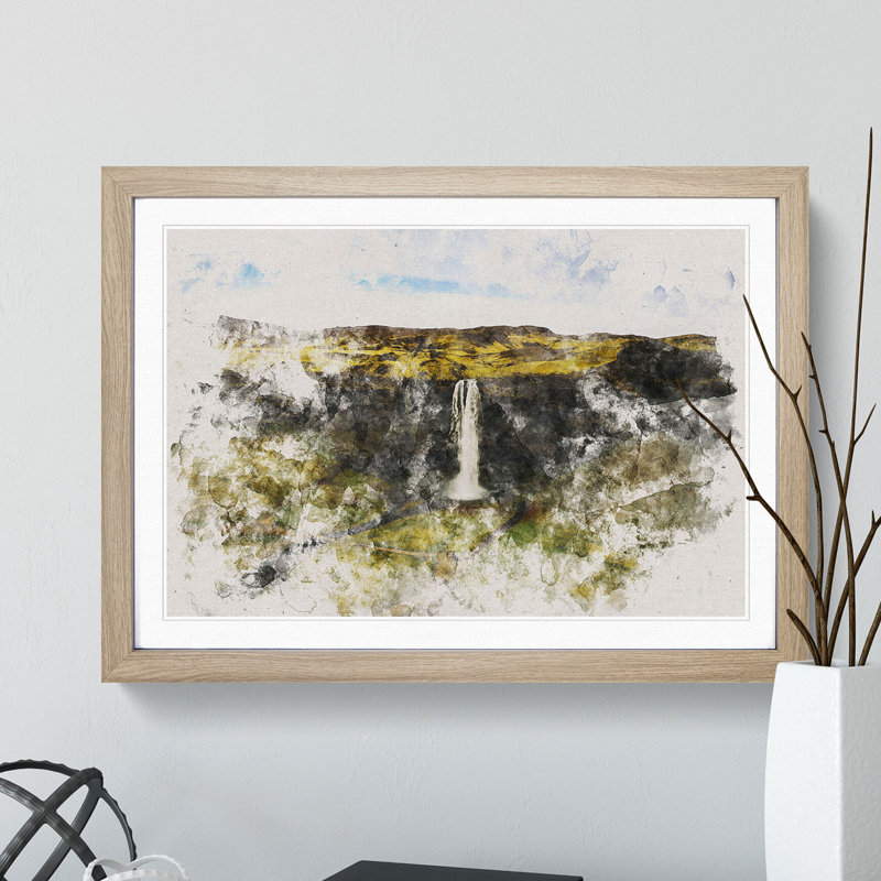 Seljalandsfoss Waterfall in Iceland Vol.1 Watercolour Framed Print, 65cm H x 90cm W x 2cm D, Oak