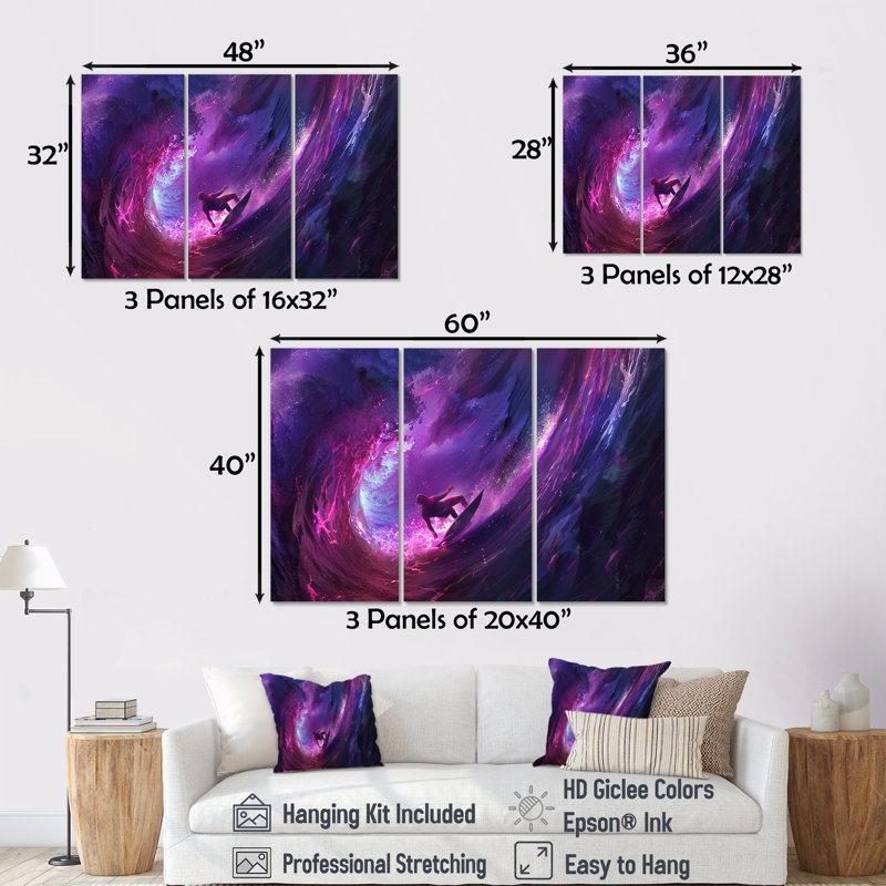 Ensemble de salon Surfeur au milieu du coucher de soleil mauve - Surf Wall Art, Toile tendue, H 28 po x l 36 po x P 1 po