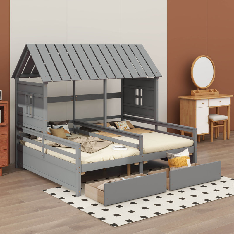 Twin-Sized Platform Beds With Dual Drawers For Children To Share - Ideal For Both Boys And Girls, Gray