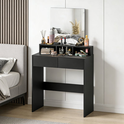 Meuble-lavabo moderne avec grand miroir sans cuivre, 2 tiroirs et 3 compartiments, conception anti-basculement et élégante pour la chambre à coucher