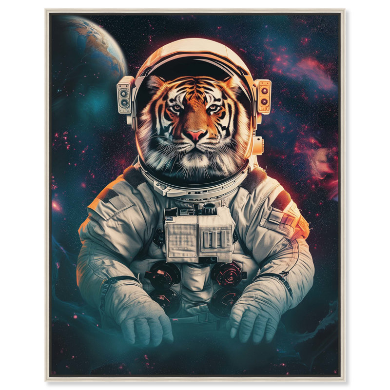 «Astronaut Tiger», art mural par Notoriart, Cadre argenté, H 21 po x l 17 po