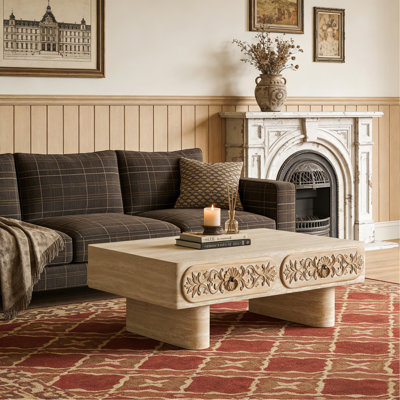 Table basse à bord arrondi avec tiroir en bois massif à motif floral, table basse pour salon, bureau