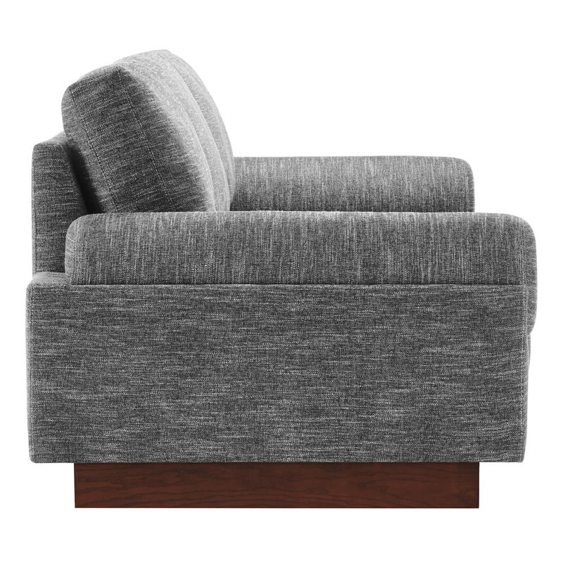 Gray Faux Leather Modern Sofa with Brown Wood Base