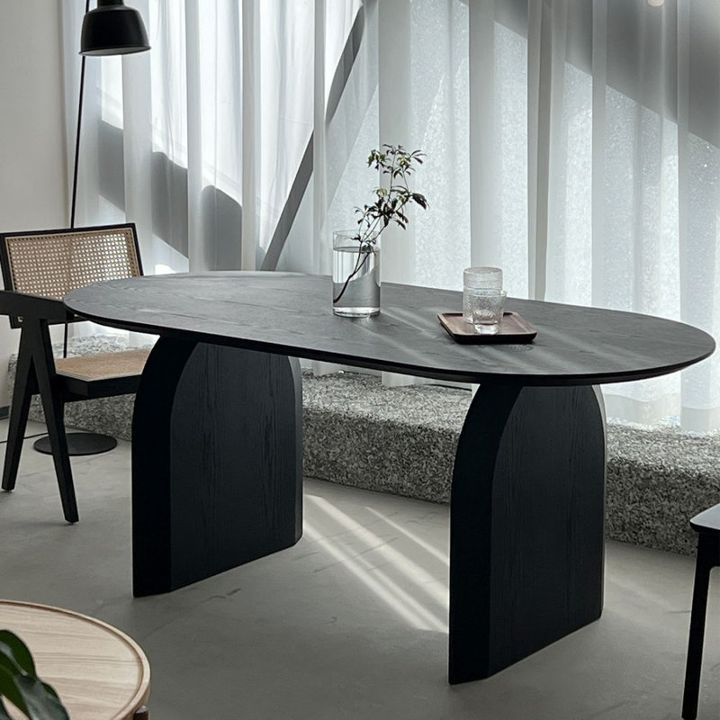 Bureau noir en bois massif de forme ovale pour un usage domestique, H 29,53 po x l 94,49 po x P 39,37 po