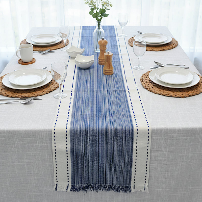 Cotton Woven Table Runner and Placemats, Dining Table Runner, Farmhouse Style Dresser Scarf, Blue, 14" W x 48" L