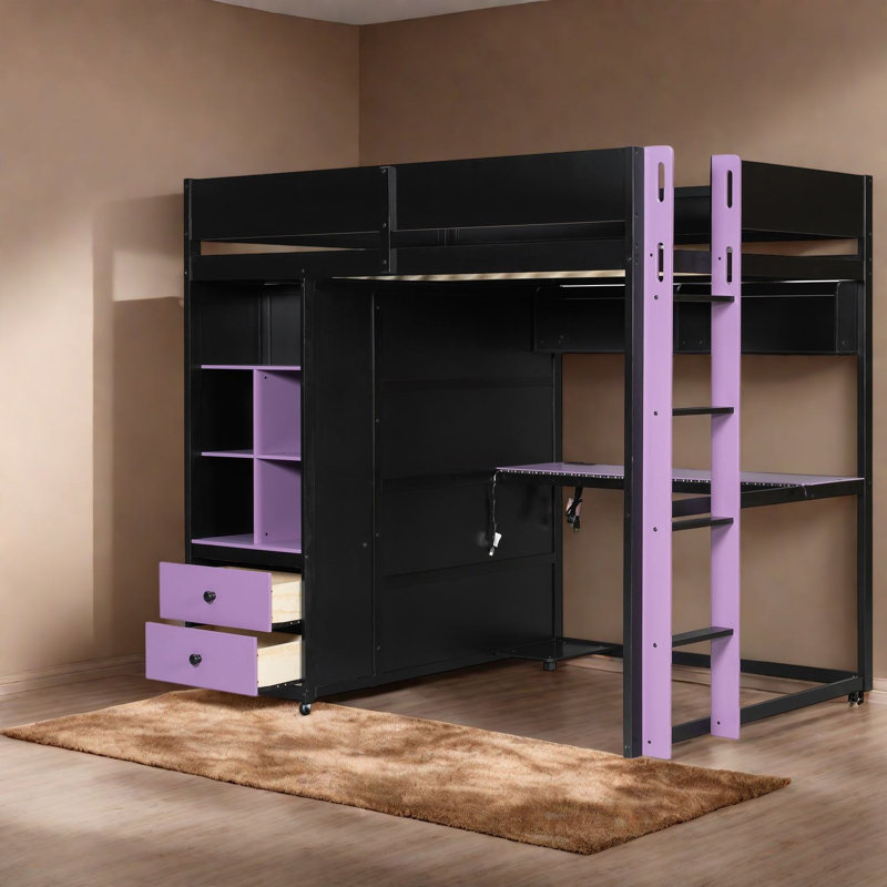 Lit mezzanine multifonctionnel avec rangement, chambre moderne en bois MDF, Black 2