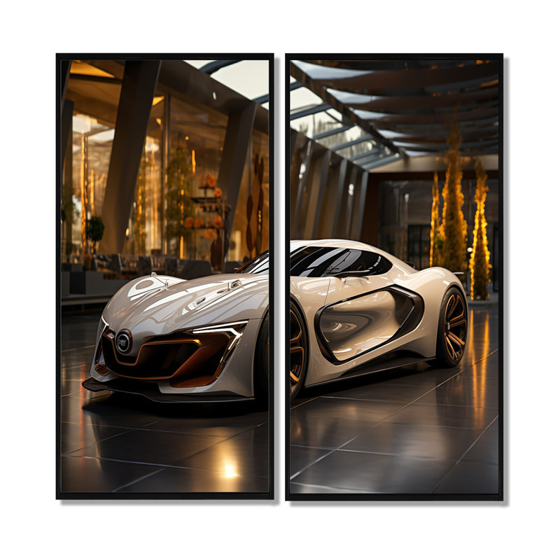Vitrine de voiture de sport exotique - art mural moderne bleu 2 pièces, H 40 po x l 40 po, Impression encadrée flottante