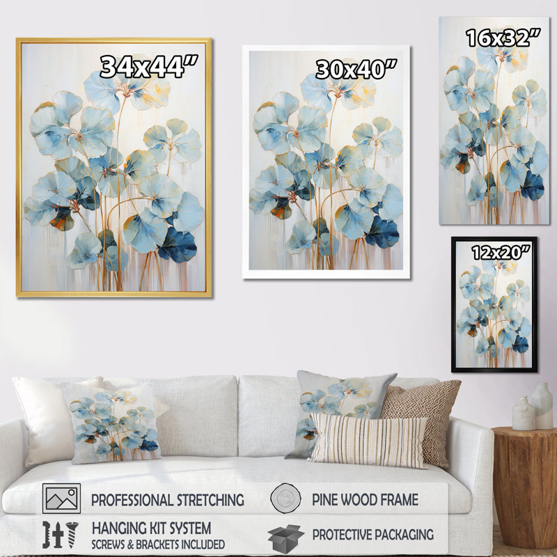 Geraniums dorés bleus II - impression, Cadre simple blanc, H 32 po x l 16 po x P 1 po