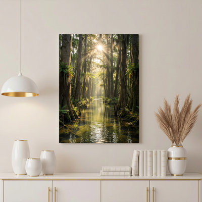 Art mural sur toile Gallery Wrap pour le salon, la chambre à coucher, le bureau ou le vestibule - décoration murale décorative avec forêt ensoleillée