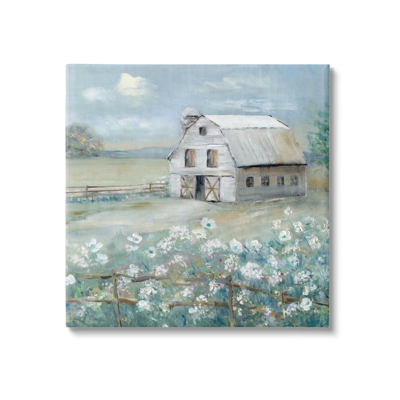 Grange dans un pré floral par Sally Swatland, H 24 po x l 24 po x P 1,5 po