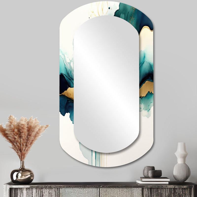 Teal And Gold Abstract Expression III - Liquid Ink Asymmetrical Decorative Mirror, Modern Cylinder Wall Mirror, Printed Metal Art