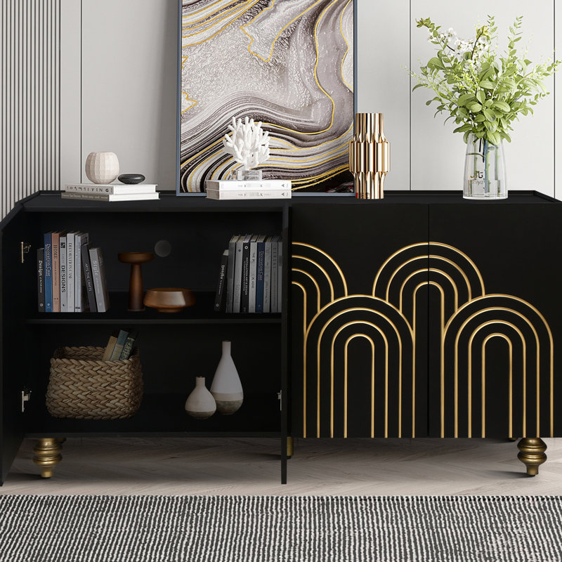 Buffet moderne cannelé moderne - noir avec 4 portes et tablettes de rangement réglables, buffet à 4 portes pour la maison