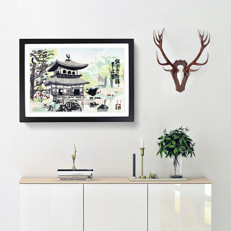 A Temple In Kyoto by Kamei Tobei - Single Picture Frame Painting, Black Framed, 45cm H x 63cm W x 2cm D
