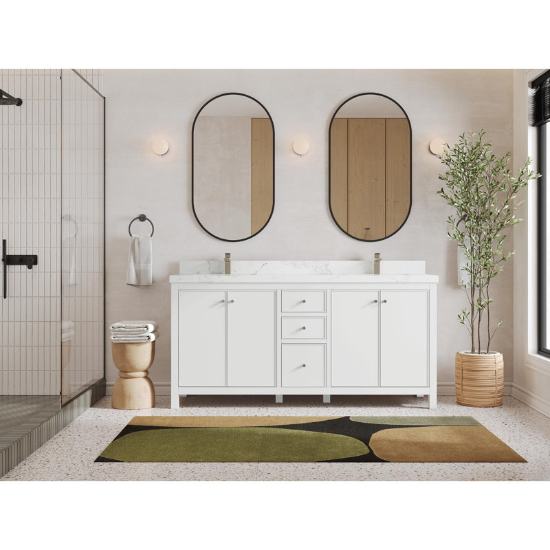 Meuble-lavabo double 72 po avec comptoir en quartz Chicago, Calacatta Nuvo
