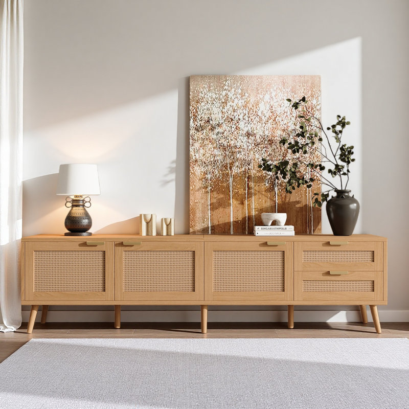 70.87Inch Modern TV Stand With Rattan Doors For Tvs Up To 80", Media Console With Storage Space