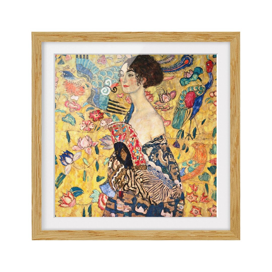 Gerahmtes Poster Dame mit Fächer von Gustav Klimt