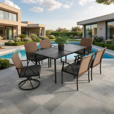 7-Piece Wicker Patio Dining Set with Cushions, Dining Table with Umbrella Hole