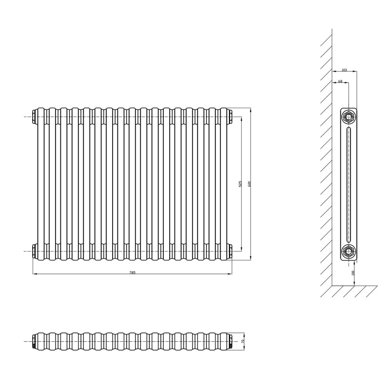 Uxbridge Horizontal Traditional Colosseum Radiator, White, 600mm H x 785mm W x 70mm D
