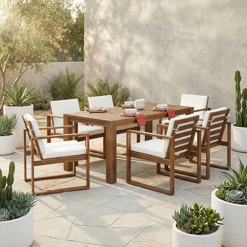 Rustic Patio Table And Chairs Set For 6 - Outdoor Dining Furniture With Umbrella Hole, Durable Wooden Frame, Cushions Included