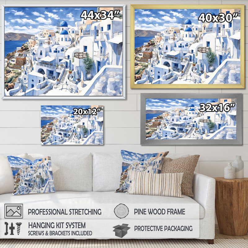«Greek Santorini Odyssey I», art mural sur toile Grèce, Cadre simple noir, H 16 po x l 32 po x P 1 po