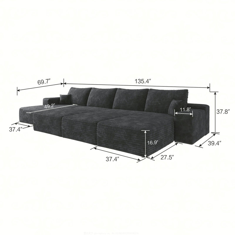 Canapé modulaire Boneless, Velours côtelé noir, Orienté à gauche (vu de face)