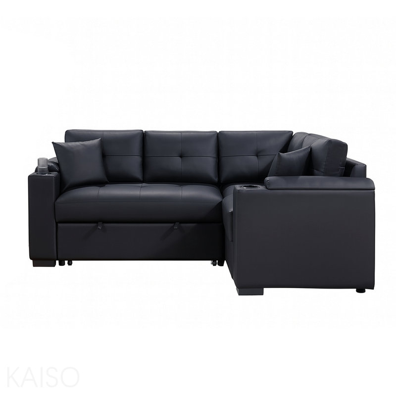 Canapé-lit modulaire en PVC avec chargeur USB et accoudoirs de rangement, noir