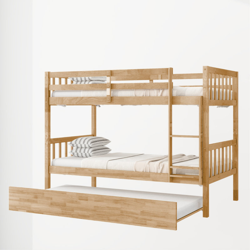 Sotion Kids Bunk Bed with Trundle, Twin Over Twin, Natural