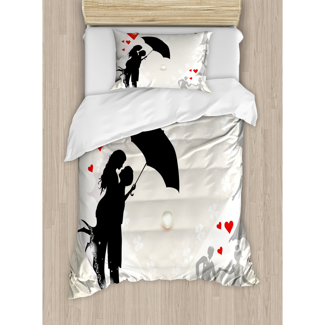 Wedding Decorations Couple in Love Umbrella Red Hearts Daisies Romance in the Air Duvet Cover Set Ambesonne
