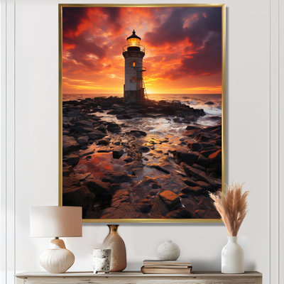 Phare sur le rocher essaim rouge océan coucher de soleil - art mural phares