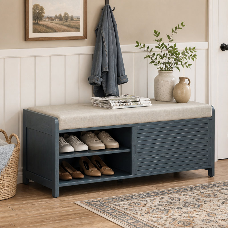 Banc à chaussures avec rangement et coussin, banc de rangement à volets vieillis avec charme rétro pour le salon, vestibule