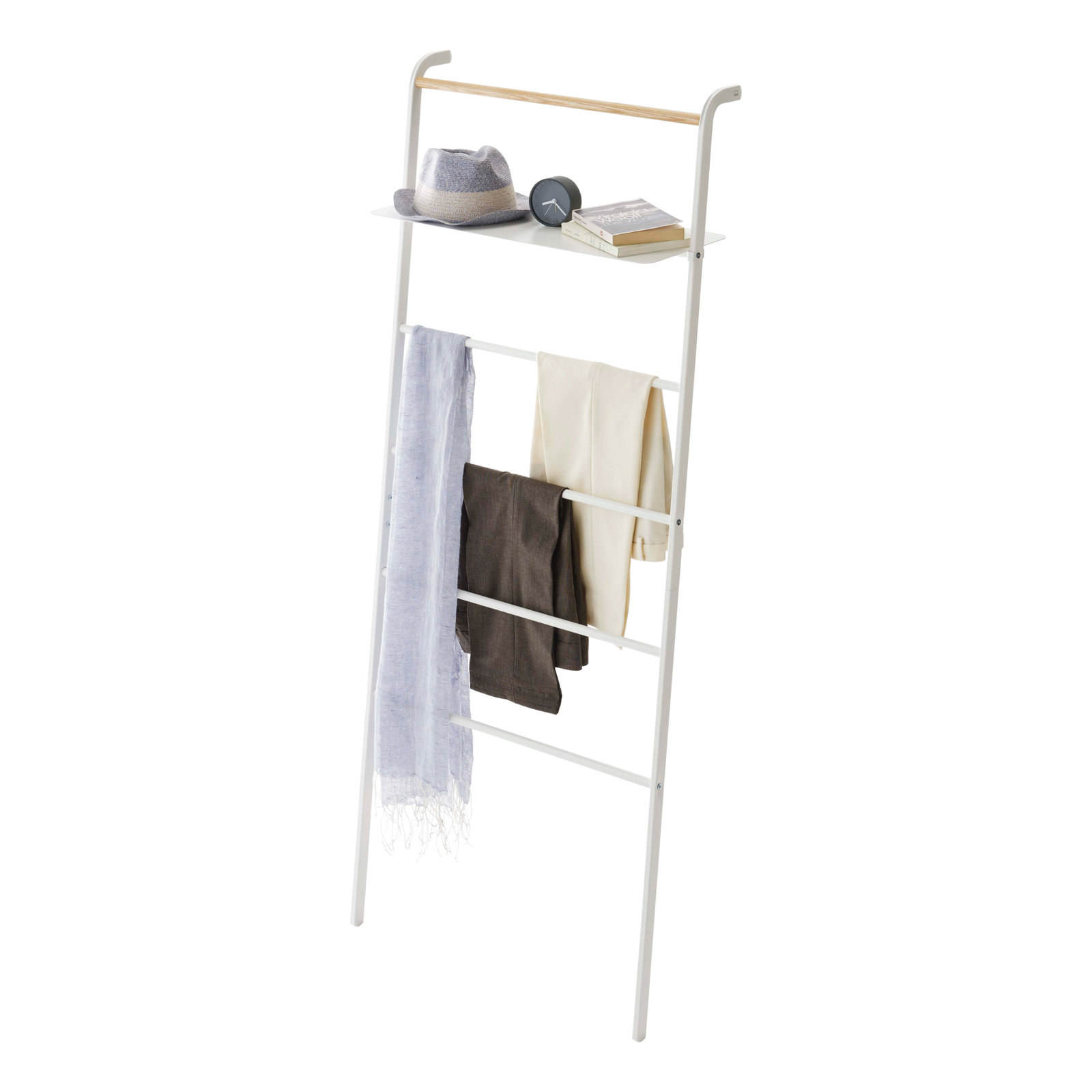 Yamazaki Home Leaning Ladder With Shelf, Space Saving, Steel, White