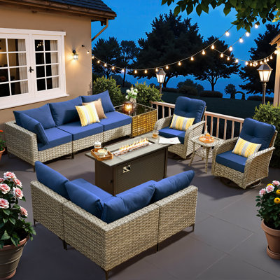 Sorella 11-Piece PE Wicker Outdoor Patio Furniture Set with 54" Propane Fire Pit Table & Solar-Powered Lighting