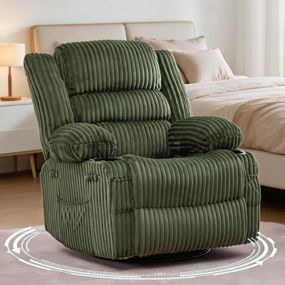 Fauteuil inclinable et pivotant à 360 ° pour adultes, fauteuil oscillant manuel surdimensionné avec repose-pieds, porte-gobelets et poche latérale, fauteuil d'appoint rembourré en velours côtelé - vert velours côtelé