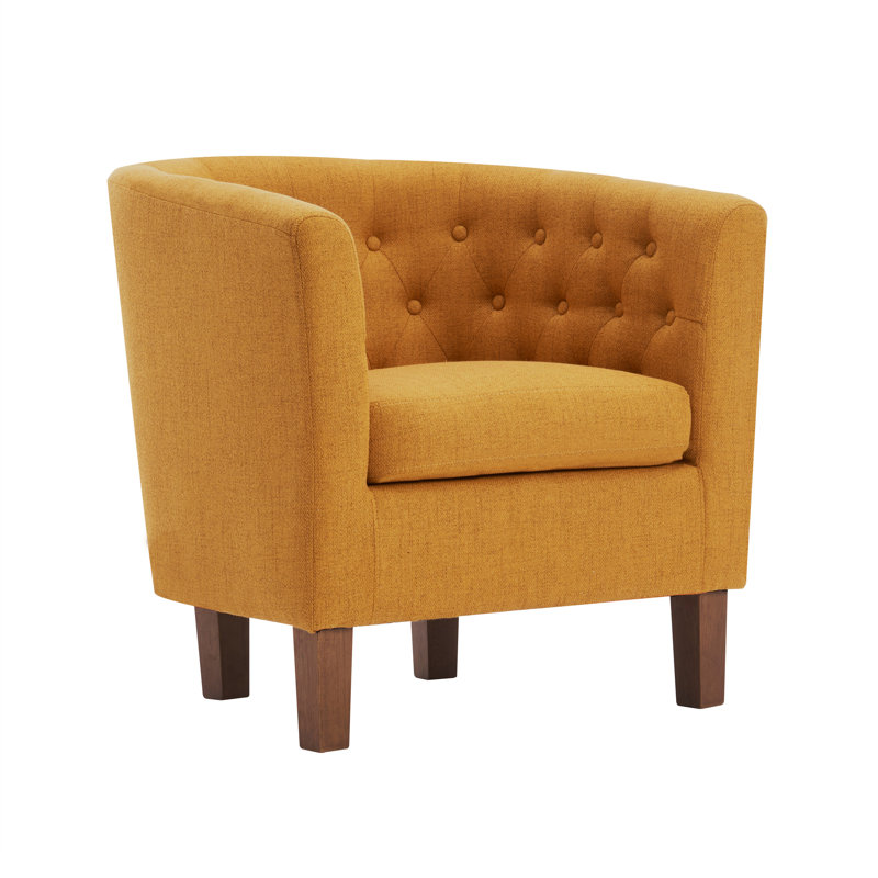 Fabric Barrel Accent Chair with Rubberwood Legs, Mustard / Orange