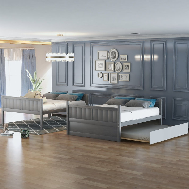 Lit superposé double au-dessus de double (L 79,5 po x l 57 po x H 59,9 po) avec lit gigogne simple, sans sommier tapissier, durable