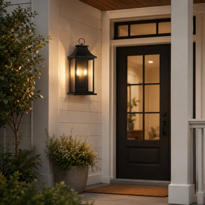 Lanterne murale d'extérieur noire 22 po à 2 lumières, grande applique moderne de style campagne moderne avec panneaux en verre transparent