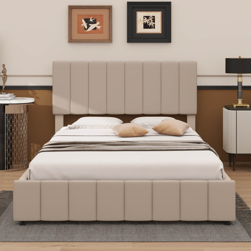 Luxurious Upholstered Platform Bed With Hydraulic Lift Storage, Beige, Full