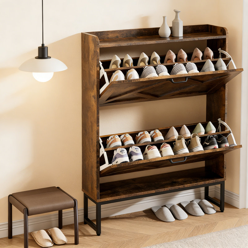 Shoe Cabinet Organizer With Flip Drawers, Freestanding Narrow Rack With Metal Legs, Farmhouse Slim Shoe Storage For Entryway Foyer Hallway