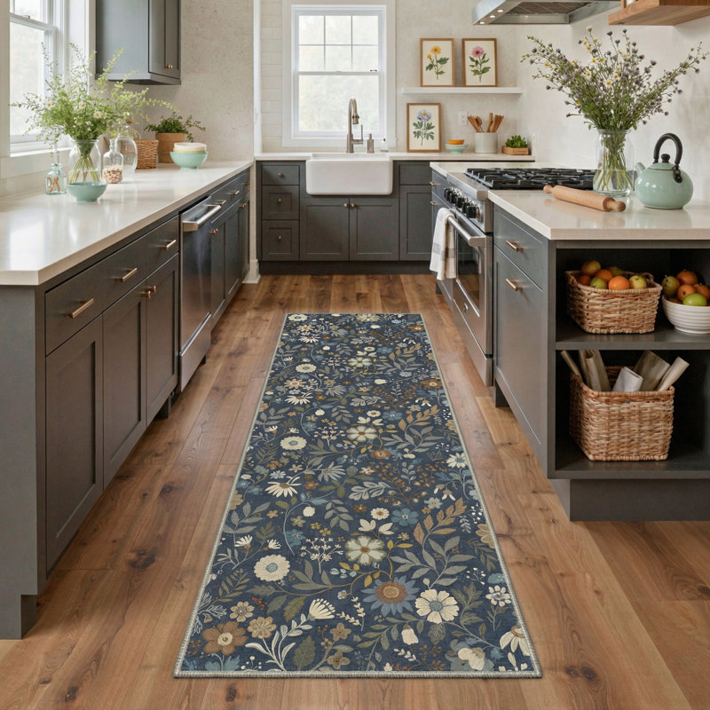 Aazad Botanical Floral Machine Washable Blue / Green / Beige Indoor Area Rug with Non-Slip Backing, Runner 2' x 7'