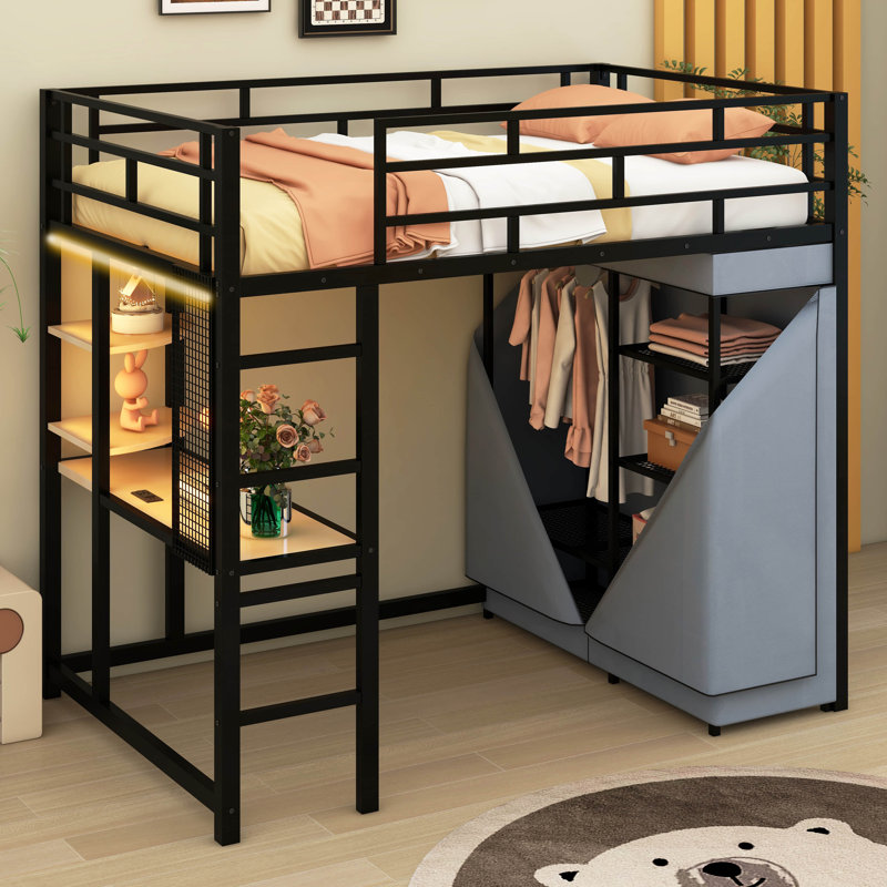 Lit mezzanine en métal avec bureau, tablettes, prise de courant, lumière DEL et garde-robe, Noir