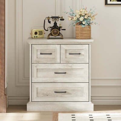 23.6" W Farmhouse 4-Drawer End Table Nightstand With Gray White Wood Grain Finish And Black Metal Handles
