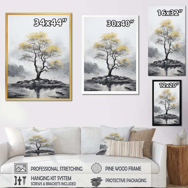 «Yellow Tree Silent Whispers», art mural sur toile floral et botanique, Cadre photo noir, H 20 po x l 12 po x P 1 po