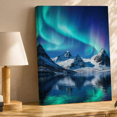 Canvas A Breathtaking Winter Landscape Featuring Majestic Snow Capped Mountains Under Wall Art A Dazzling Display Of The Northern Canvas Wall Art