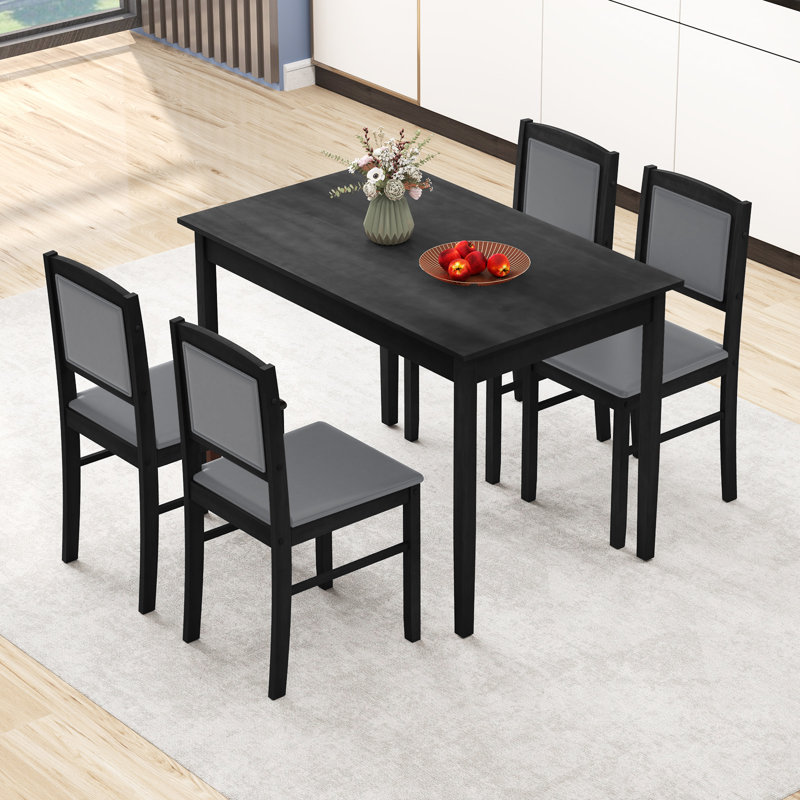 Ensemble de table de salle à manger 5 pièces pour 4 personnes avec dossier rembourré en bois d'hévéa, Noir, Gris