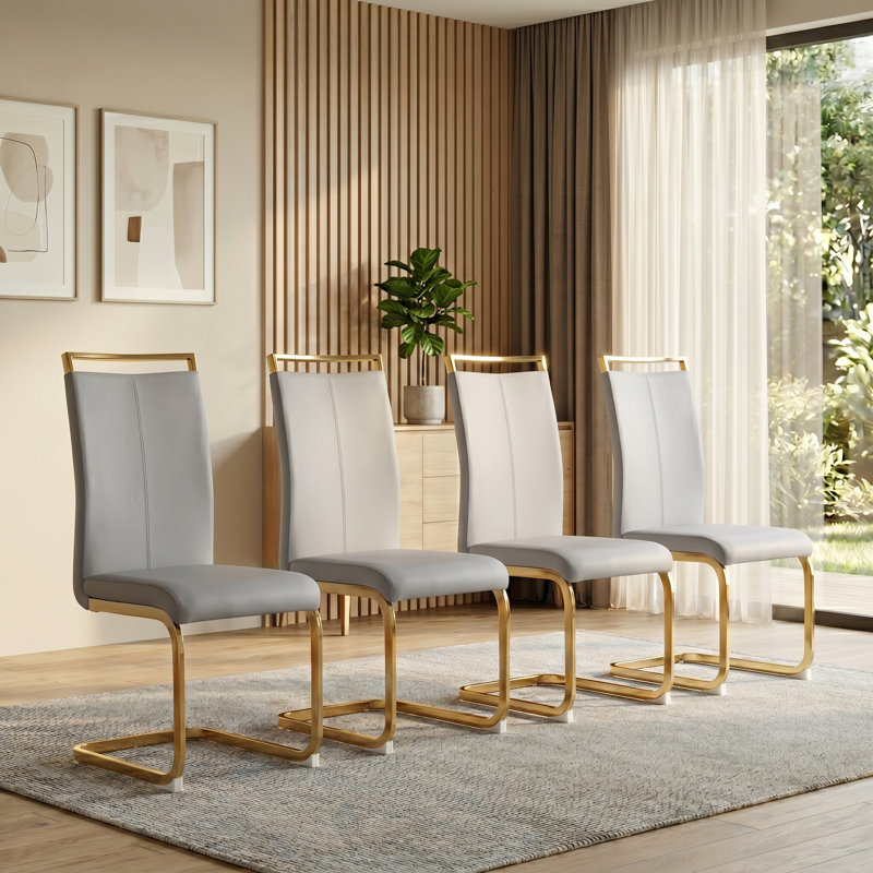 Modern Glam Faux Leather Cantilever Dining Chairs with Metal Base and Handle (Set of 4 ), Light Gray