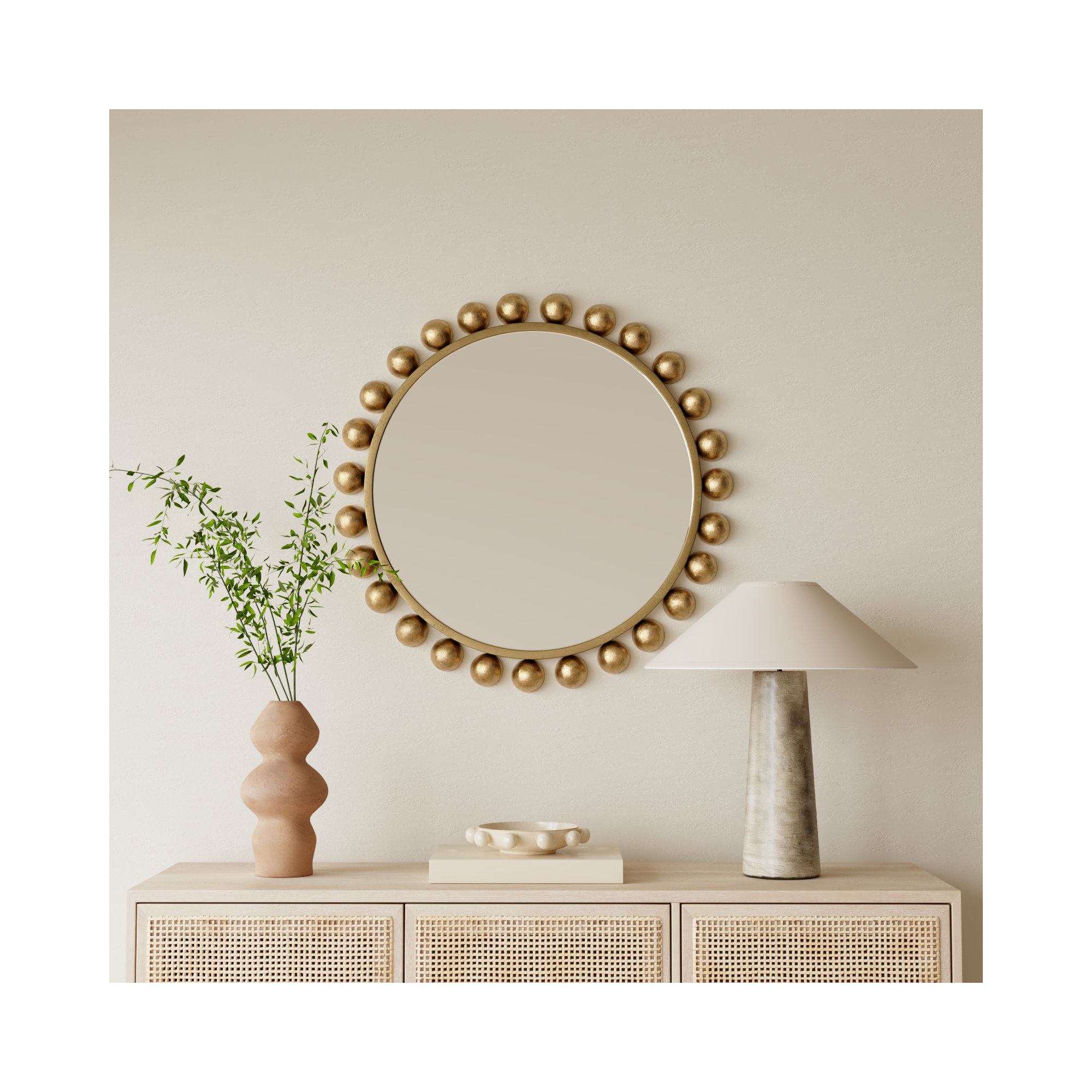 Asana Metal Round Wall Mirror, Gold Foil